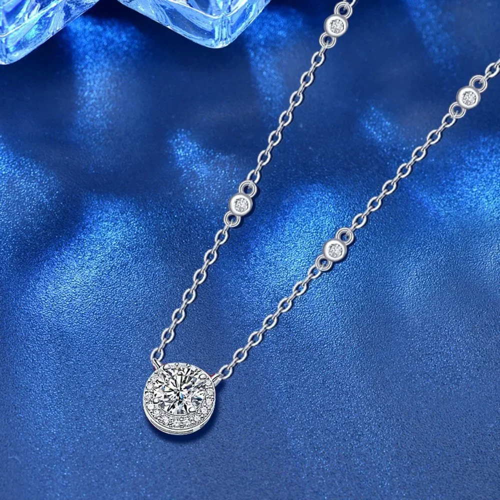Certified 1ct. t.w. Moissanite Diamond Round Halo Chain Necklace NEW